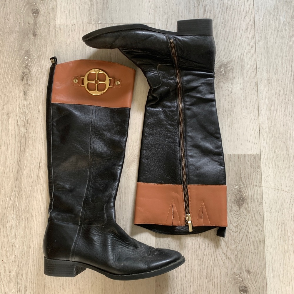 IMAN Colorblock Riding Boots Black Tan Leather Gold Medallion Womens 9.5M